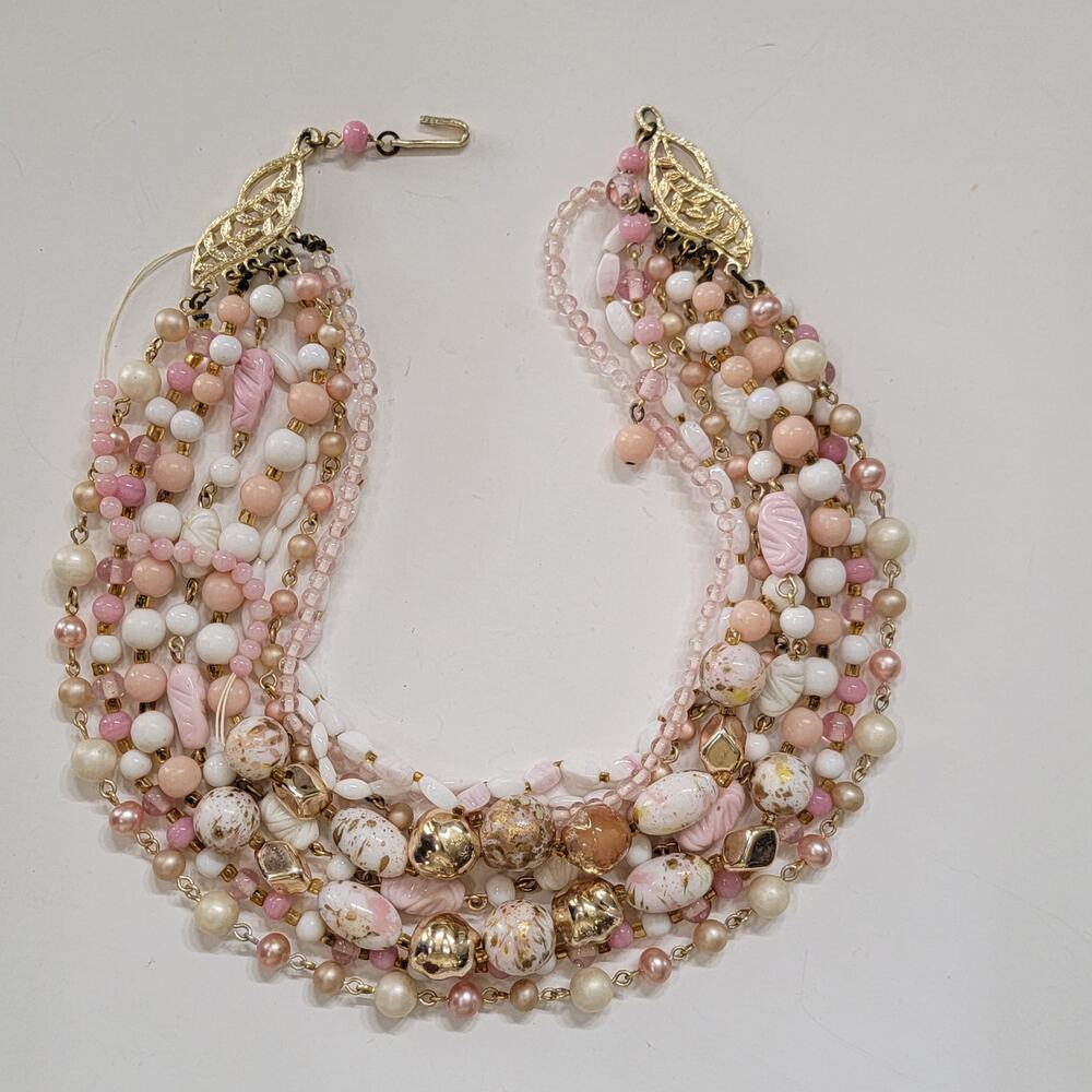 Vintage Pink White & Gold Multi-Strand Beaded Necklace with Layered Design Style